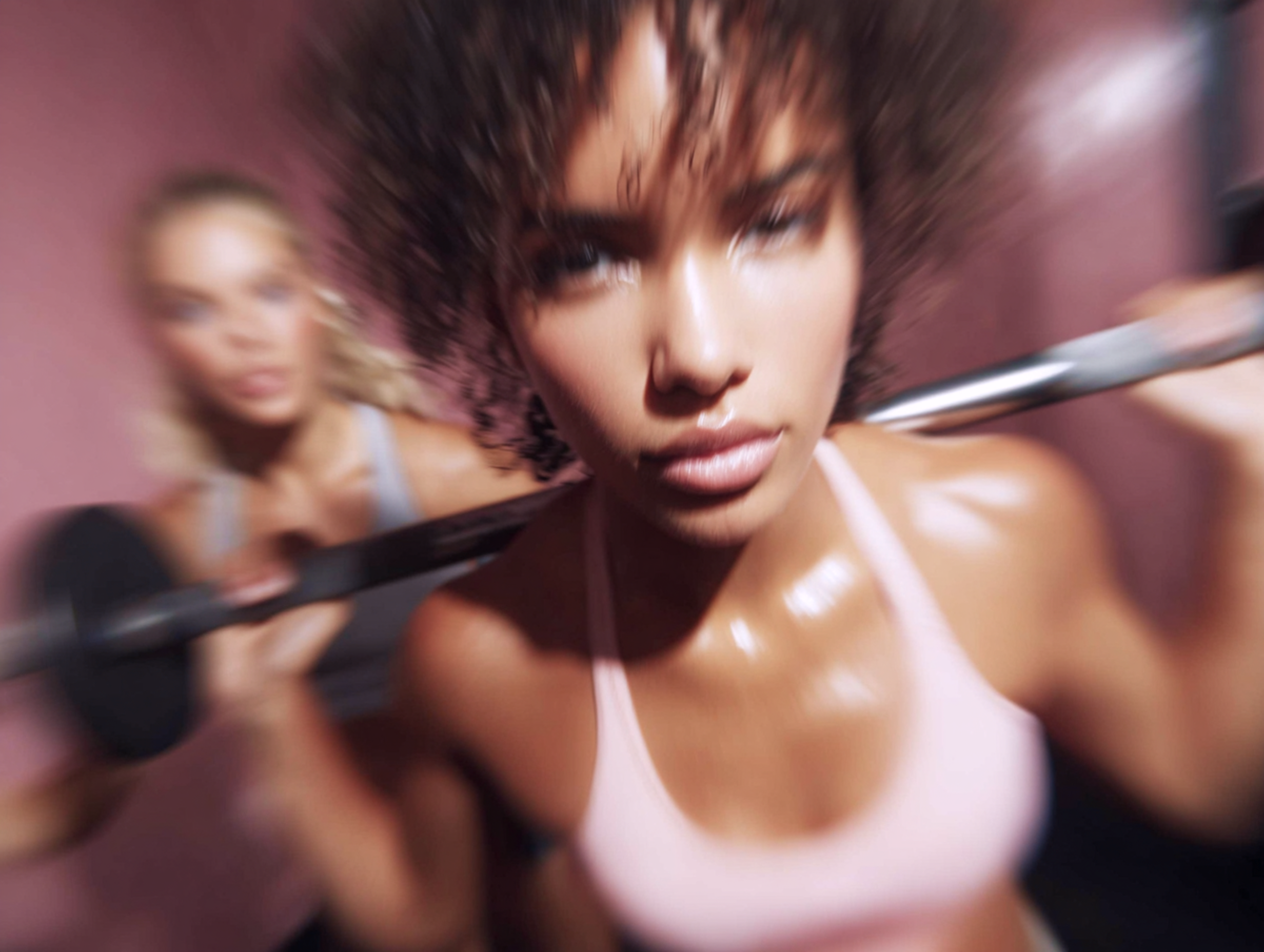 Zwei Frauen in Sportbekleidung sind in einem Fitnessstudio am trainieren. Die vordere Frau hat eine Langhantel auf dem Rücken und macht Kniebeugen, die hintere leistet Hilfestellung.