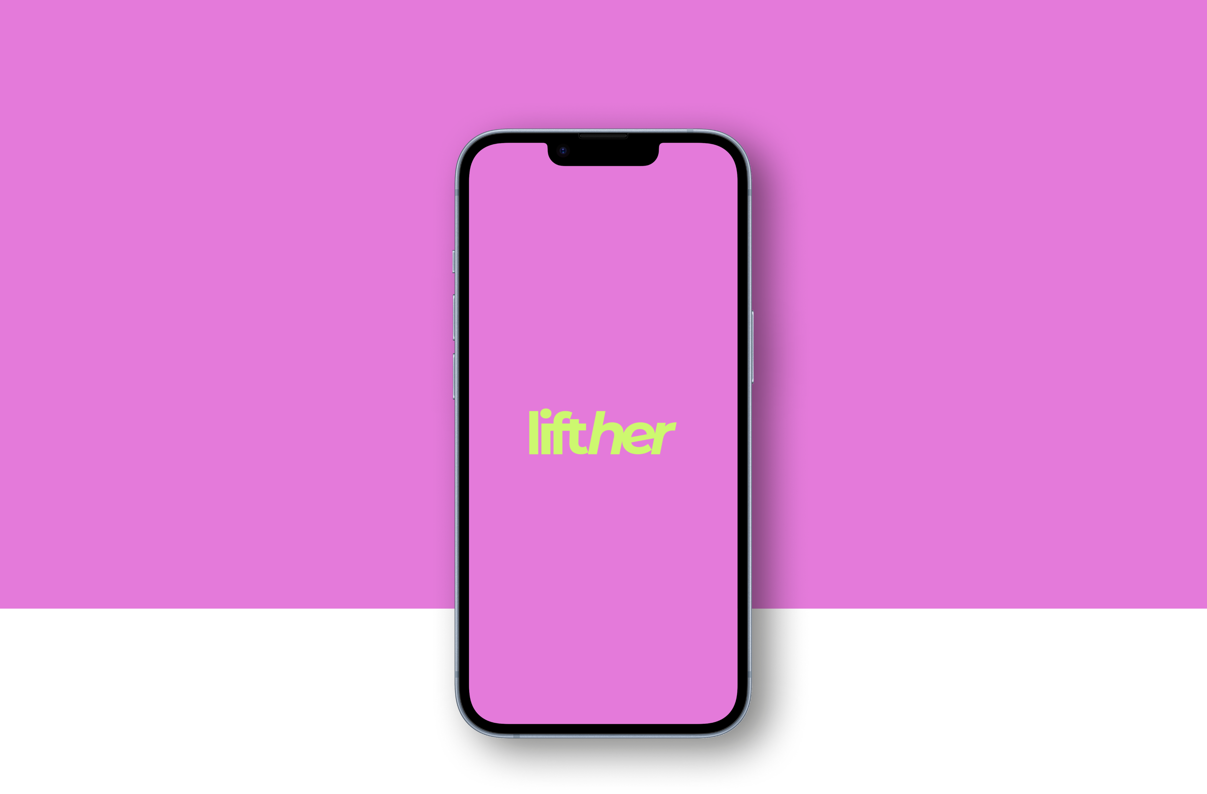 Ein Handy mit dem Startscreen der App: Pinkfarbender Hintergrund mit dem Schriftzug "lifther" in energetischem Grün.