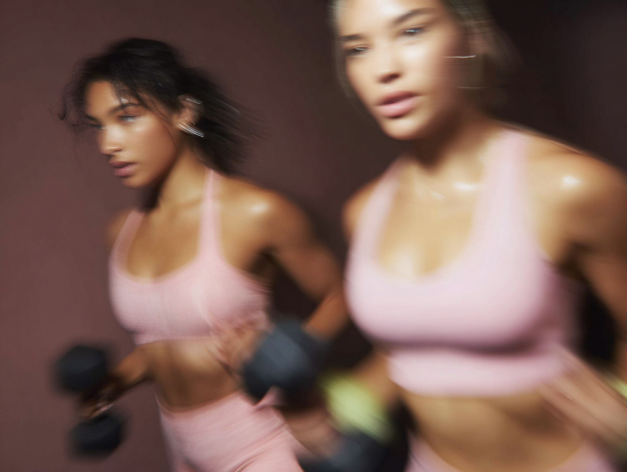 Zwei Frauen in passenden rosa Sportoutfits trainieren energisch mit Hanteln und zeigen dabei Entschlossenheit und Kraft.