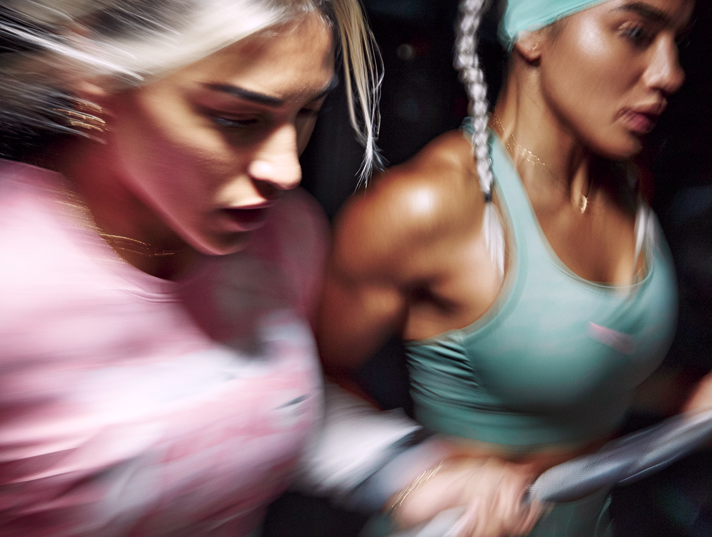 Zwei Frauen in Sportbekleidung die sich nebeneinander Bewegen und Langhanteln nutzen. Das bIld nutzt viel Bewegungsunschärfe für Dynamik und Stärke.